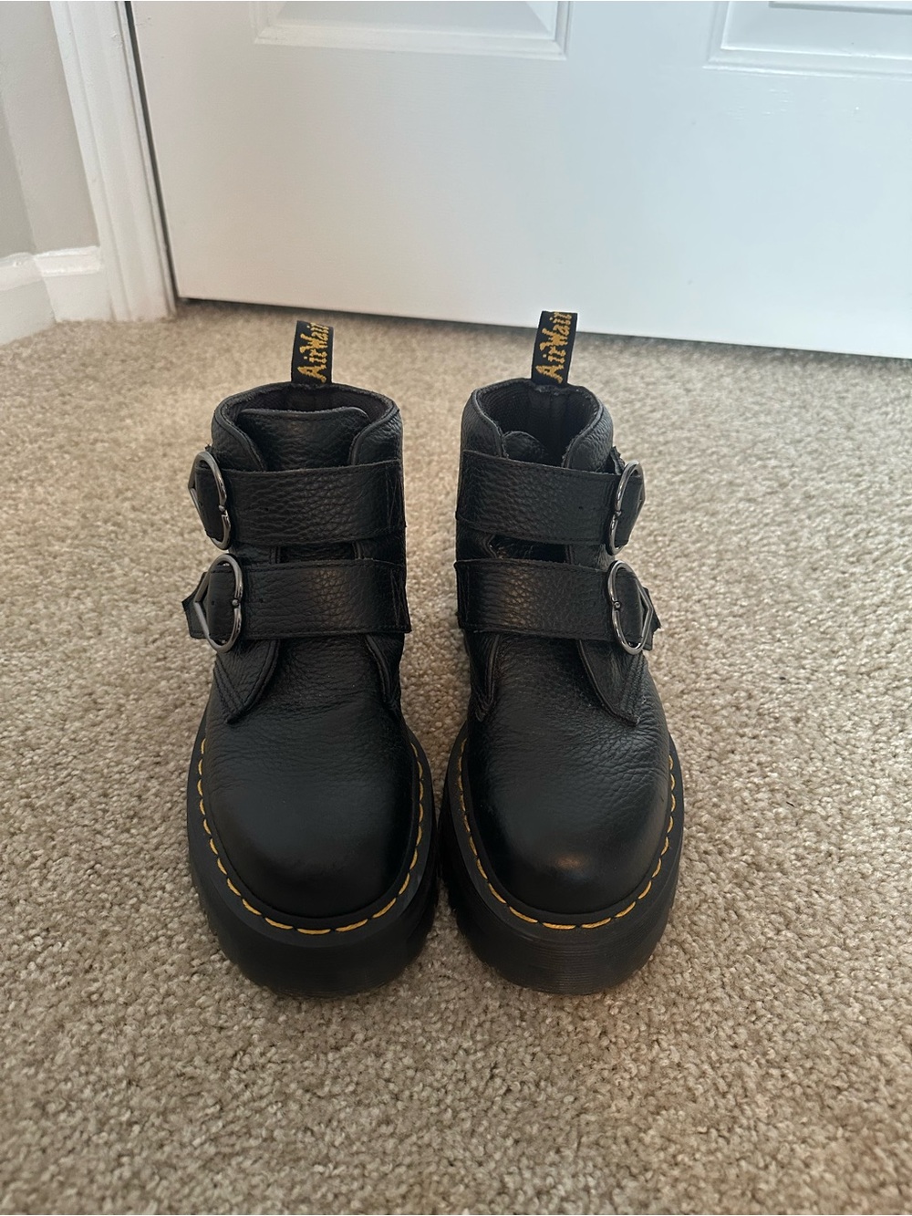 Dr. Martens Devon Heart Black Leather Platform Double-Strap Buckle Boots - Picture 2 of 3